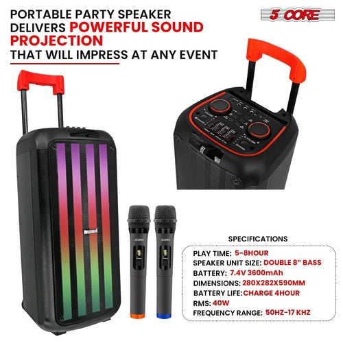 5Core Bluetooth Party Speaker 8 Inch PA RGB Partybox Karaoke Machine +