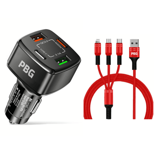PBG 4 Port Car Charger and 4FT - 3 in 1 Nylon Cable Combo