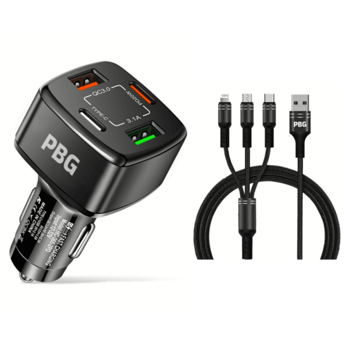 PBG 4 Port Car Charger and 4FT - 3 in 1 Nylon Cable Combo