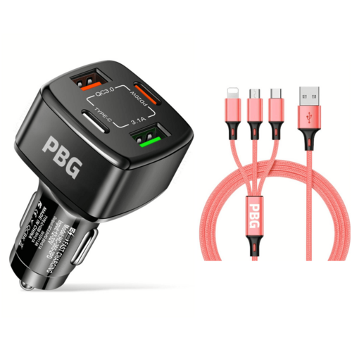 PBG 4 Port Car Charger and 4FT - 3 in 1 Nylon Cable Combo